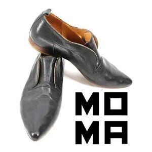 MOMA Black Leather Laceless Pointed Oxford Derby Slip On Shoes Handmade SZ 7/7.5